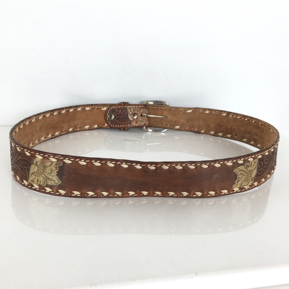 Vintage Made In The USA Brown Tooled Leather Belt Western Floral Distressed - Picture 8 of 10